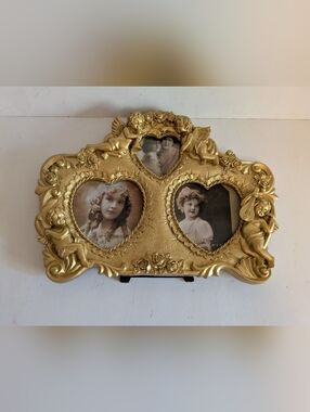 Frame Triple Heart Gold Photo Frame Cherubs Angels Free Standing Wall Mount NWOT
